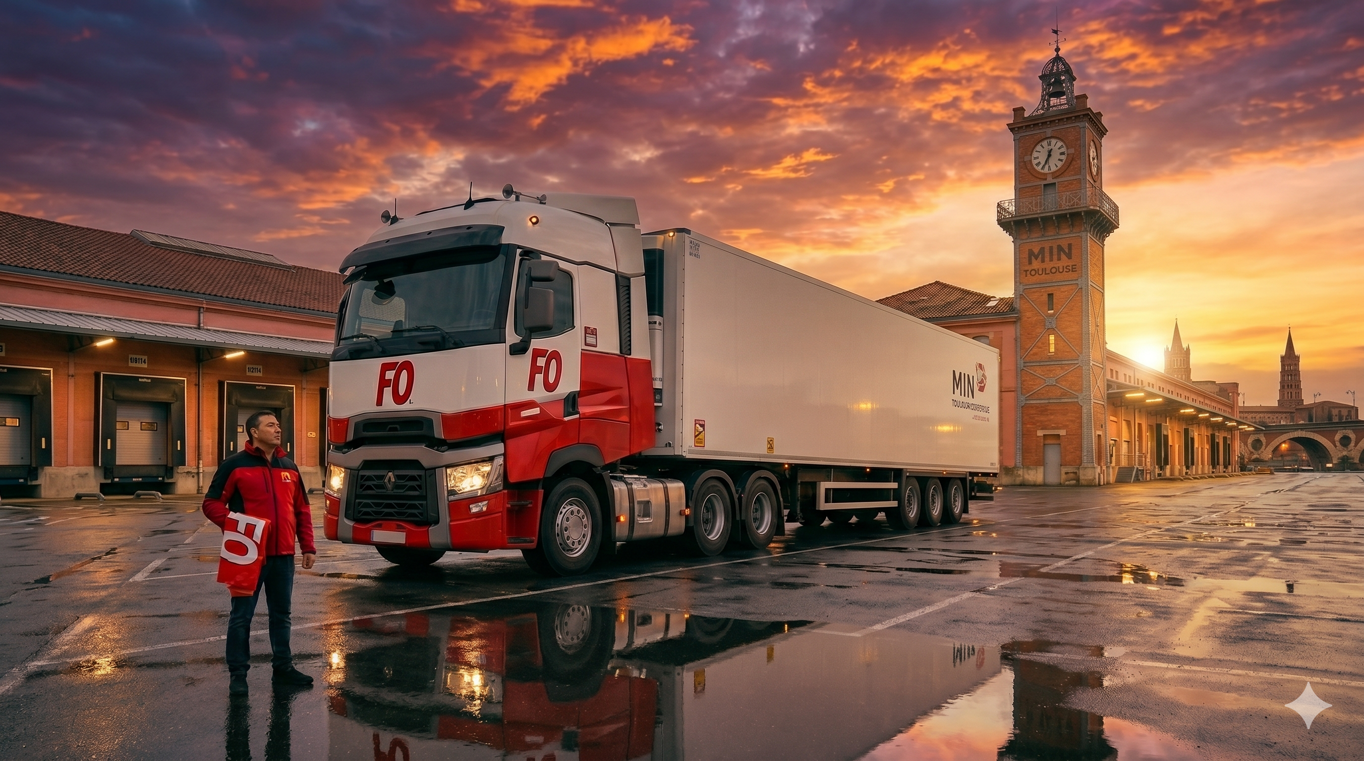 Camion FO devant le MIN de Toulouse au coucher de soleil — conducteur syndicaliste FO